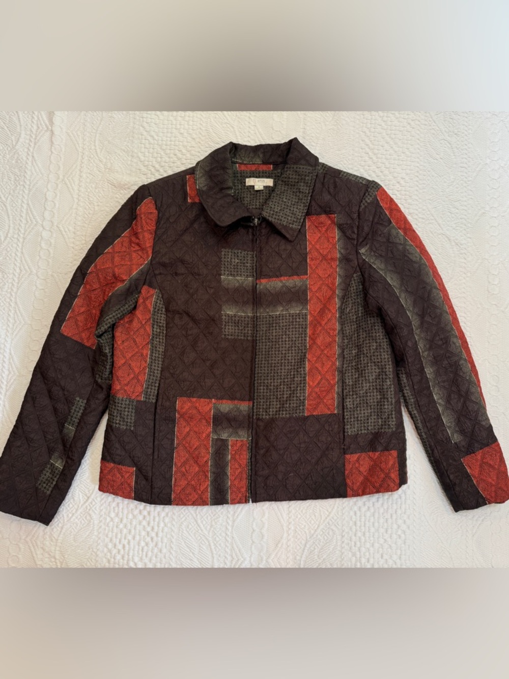 Erin London Womens Jacket Brown Multicolor Size M Full Zip Patchwork